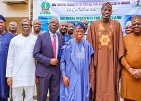 CAPTION L-R: Director of Fisheries and Aquaculture, Federal Ministry of Marine and Blue Economy, Wellington Omoragbon; Executive Director/CEO, Nigerian Institute for Oceanography and Marine Research (NIOMR), Prof. Abiodun Sule; Permanent Secretary, Federal Ministry of Marine and Blue Economy, Olufemi Oloruntola; Minister of Marine and Blue Economy, Dr. Adegboyega Oyetola, CON; Director-General, National Institute for Policy and Strategic Studies (NIPSS), Prof. Ayo Omotayo and Executive Secretary/CEO, Nigerian Shippers’ Council, Dr. Pius Akutah, at the opening of a two-day Roundtable Discussion on Accelerating National Fish Production in Victoria Island, Lagos, on Wednesday.